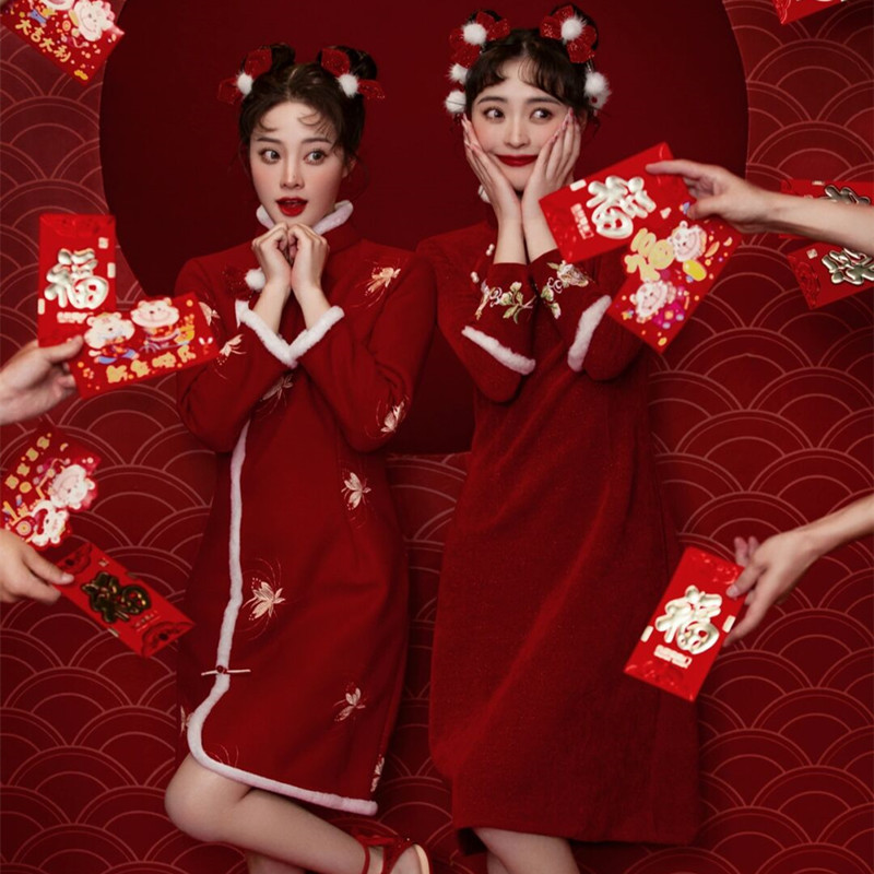 新款影楼主题闺蜜旗袍复古国潮姐妹甜美艺术照中国风旗袍写真服装