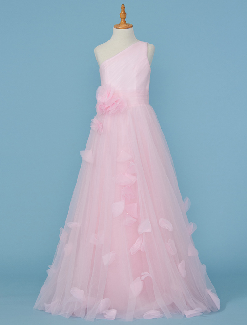 儿童公主裙花朵婚纱礼服单肩长裙摆时尚花童伴娘小主持人礼服粉色