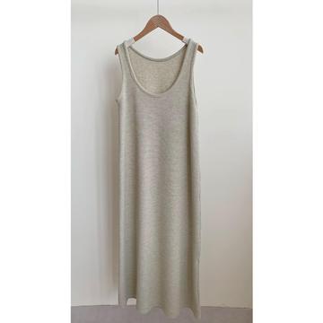 华夫格背心裙长裙灰豆绿