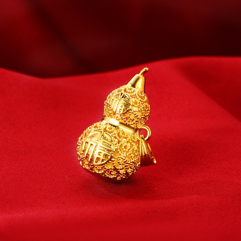 古法沙金福禄双全葫芦吊坠黄铜镀金镂空雕花福字挂坠项链货源批发