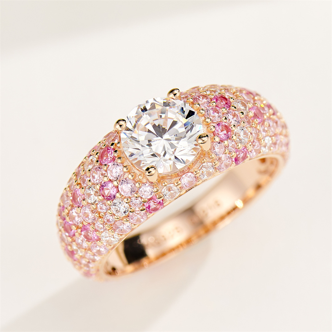 时尚宽版戒臂满天星钻戒s925银满镶钻轻奢仿真钻石戒指1克拉钻戒