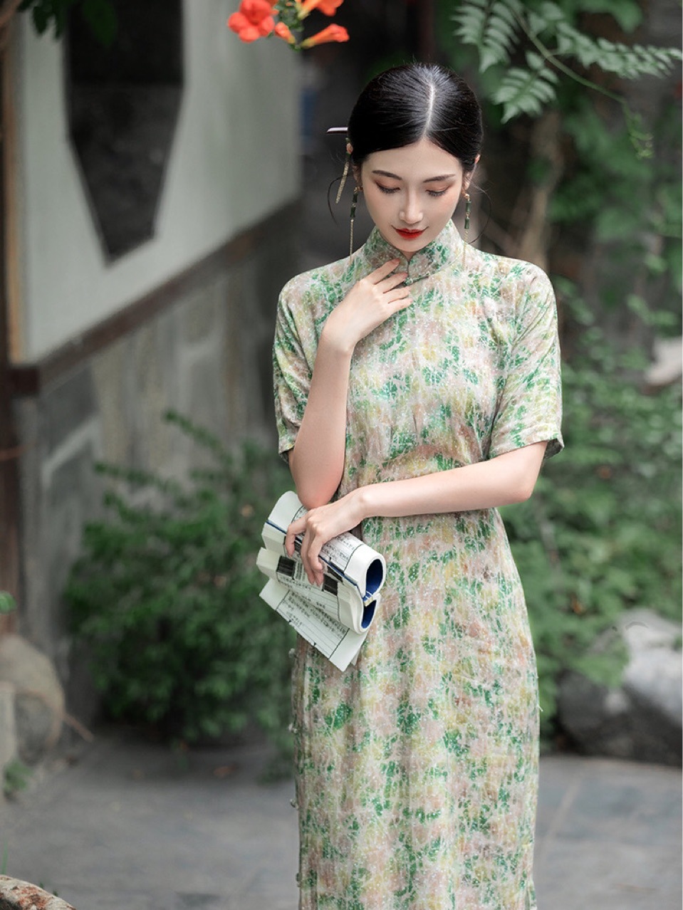 国风复古禅意改良旗袍连衣裙少女江南风绿色水画印花修身显瘦长裙