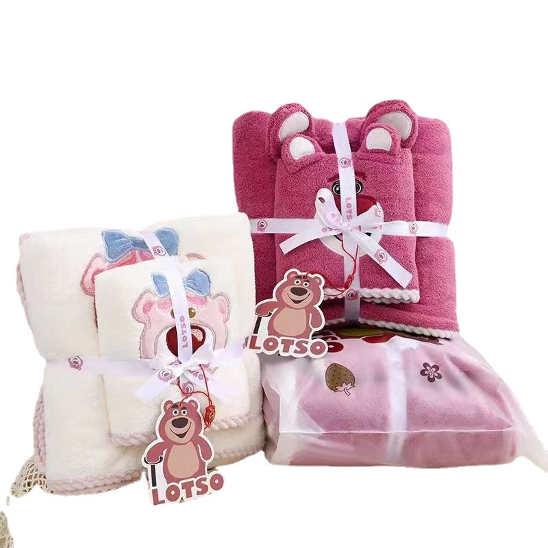 Wholesale Coral Velvet Towel Bear Covers Strawberry Bear Bath Towel Towel Set Combination Thread Edging Child and Mother Covers