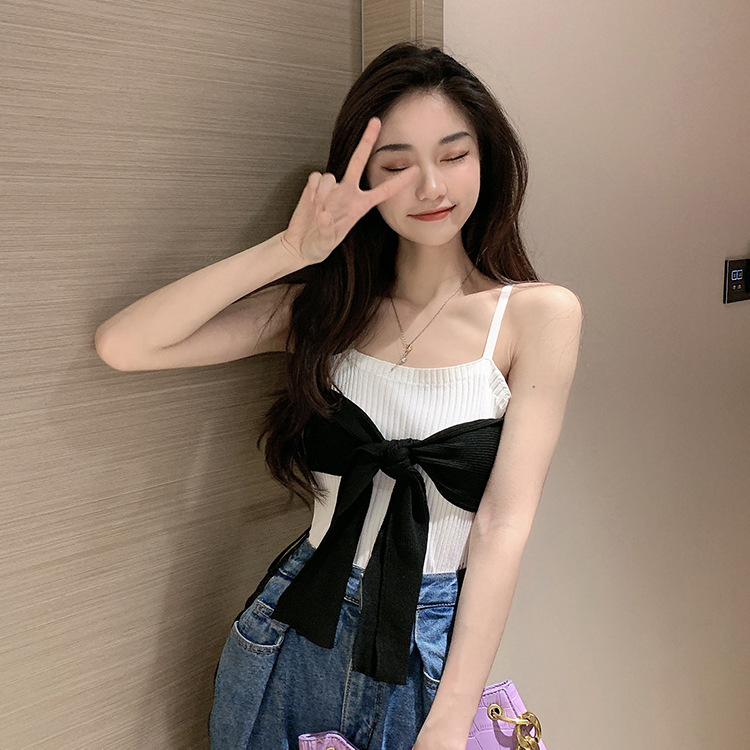 夏季甜美修身显瘦吊带女ins潮2021新款蝴蝶结绑带短款针织小背心