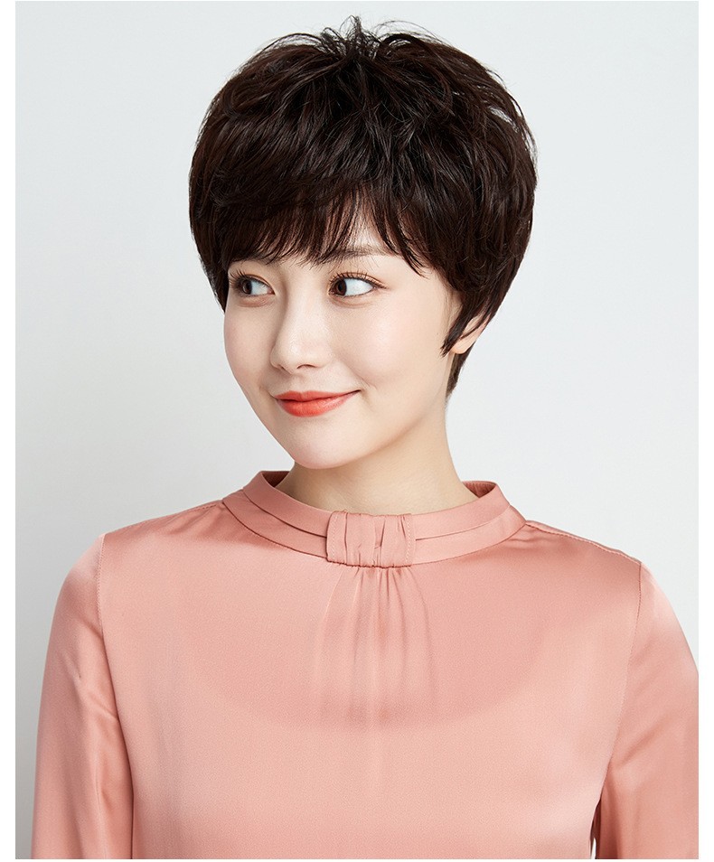 假发女半手织优质真人发手工烫短纹理发型中年假发手织网全头套