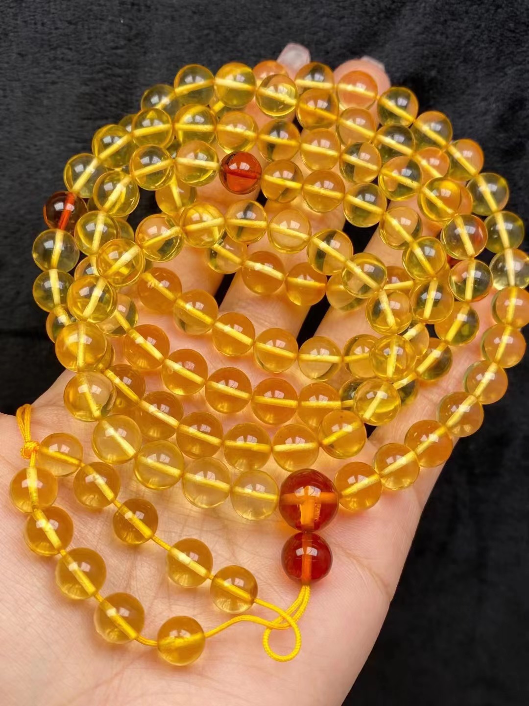 俄料蜜蜡金珀108佛珠链 念珠多圈手链 色泽金黄清透