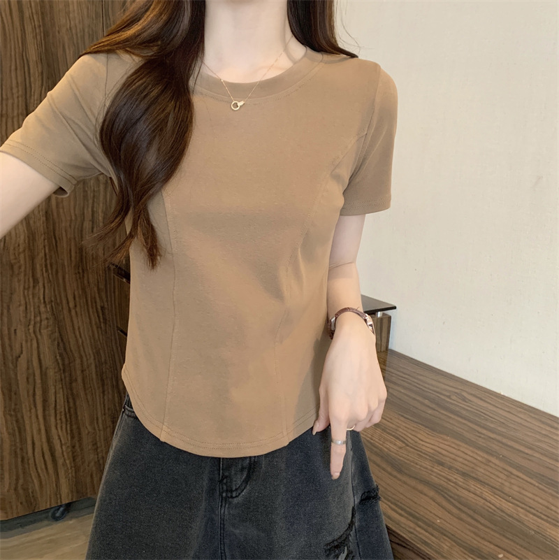 2024 Summer Popular Fishbone Pattern Slim-Fit Short-Sleeved T-shirt Women's Summer Simple Solid Color Inner Wear Half-Sleeve Korean Style Inner Top