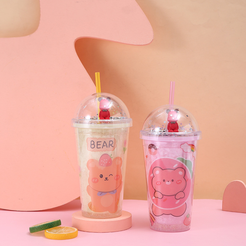 Creative Ice Crushing Bear Plastic Water Cup Portable Anti-Fall Summer Ice Glass Cartoon Double Plastic Straw Cup Wholesale