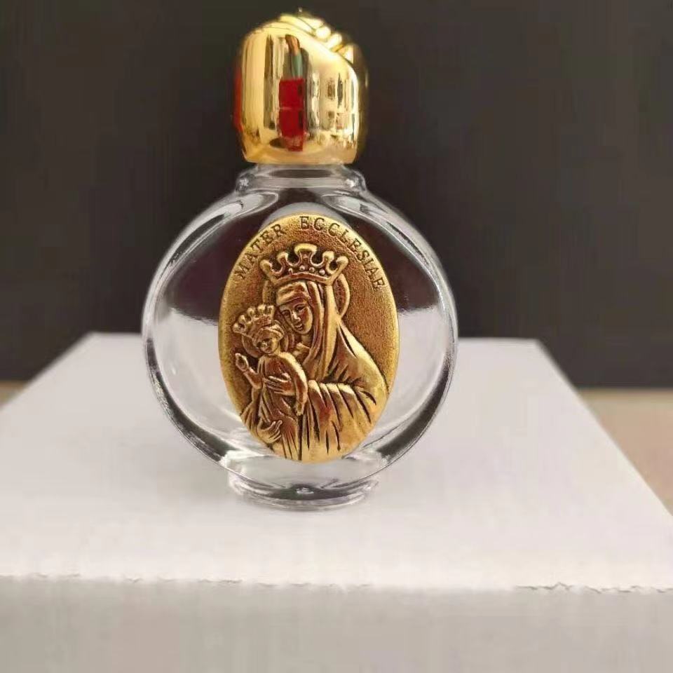 新款便携玫瑰花水晶玻璃合金浮雕圣像旅行专用圣水瓶天主教圣物