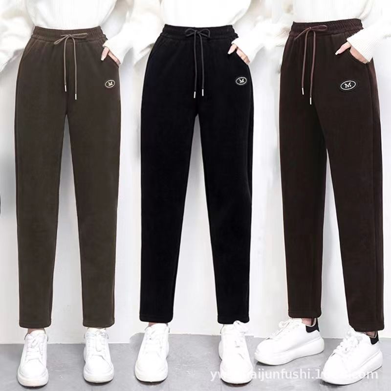 Autumn and Winter Casual Pants Fleece-Lined Thickened Wooden Cotton Velvet Women's Pants Slim-Fit Straight-Leg Pants High Waist Loose Elastic Outer Wear Casual Large