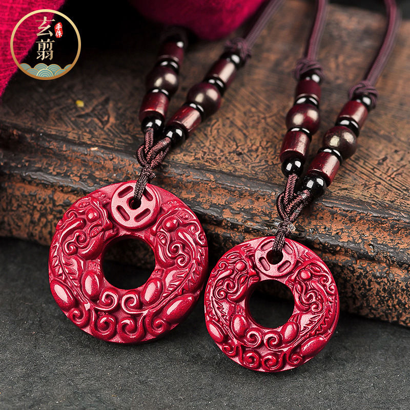 朱砂貔貅平安扣吊坠男女款红朱砂挂件双貔貅项链