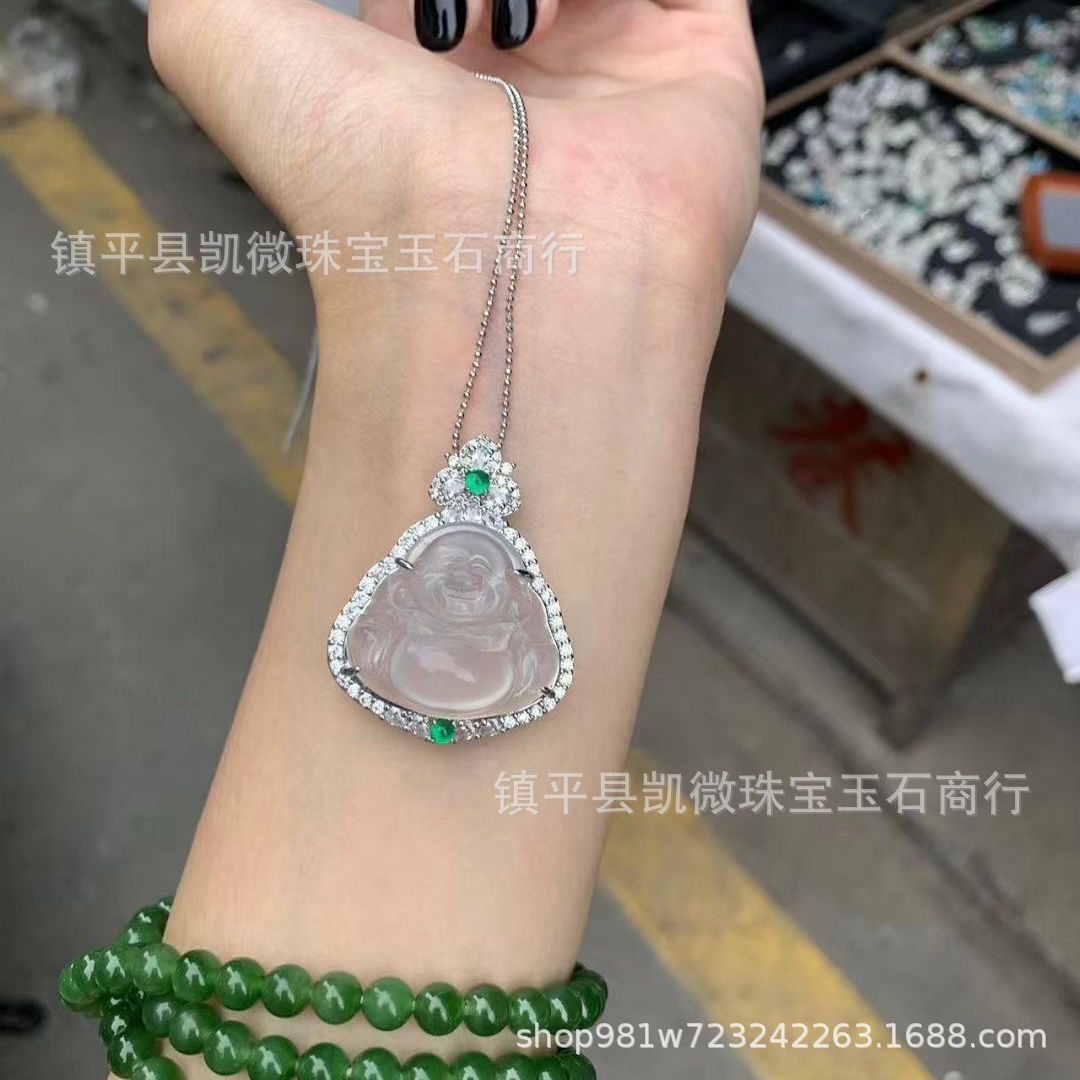 批发天然冰种玉髓镶嵌弥勒佛吊坠新中式玉石玛瑙佛公项链小众挂件
