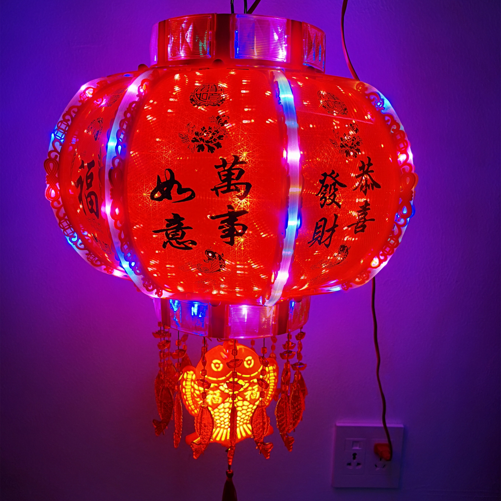 大红灯笼室内喜庆挂件春节灯笼内外转圆形注塑七彩发光灯笼