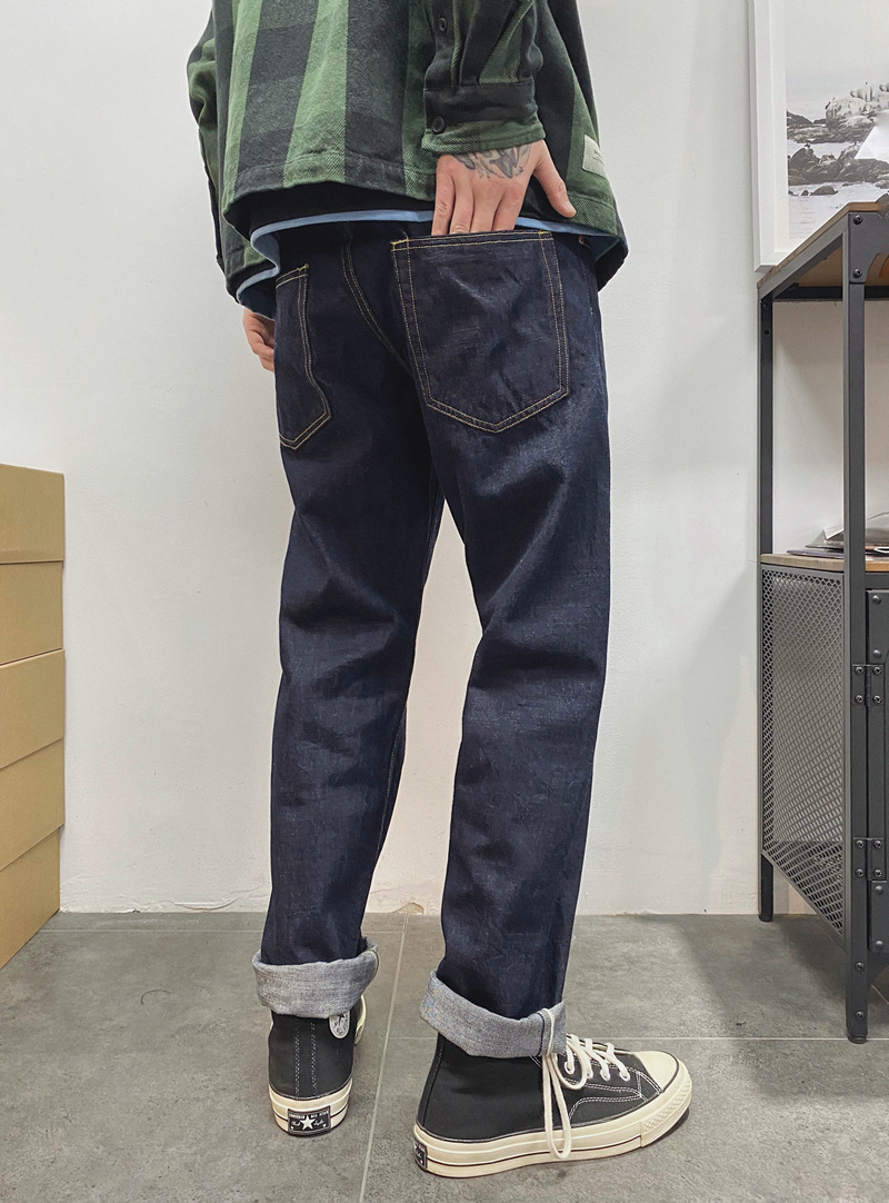 美式复古男士养牛赤耳丹宁小直筒原色原牛做旧牛仔裤