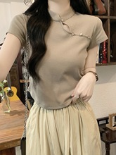 新中式国风短袖t恤女2024夏季新款钉珠镂空收腰修身显瘦短款上衣