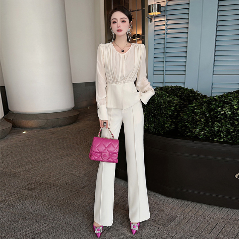 ol通勤气质2023春夏女装 长袖雪纺衬衫上衣 收腰显瘦阔腿裤套装女