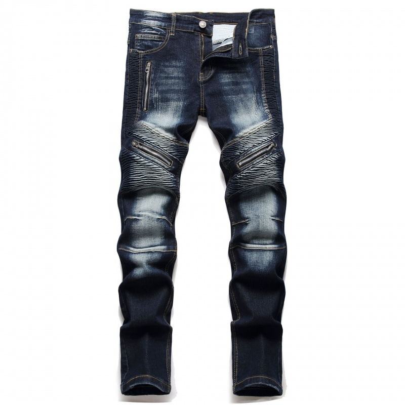 。。  New Men's Jeans Slim Straight Washed Motorcycle Straight Dark Blue Amazon Aliexpress Wish Trousers