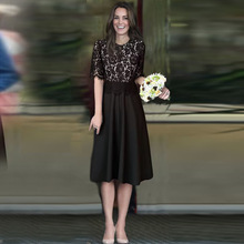 凯特王妃同款2023春夏季女装圆领中袖黑色拼蕾丝收腰中长款连衣裙