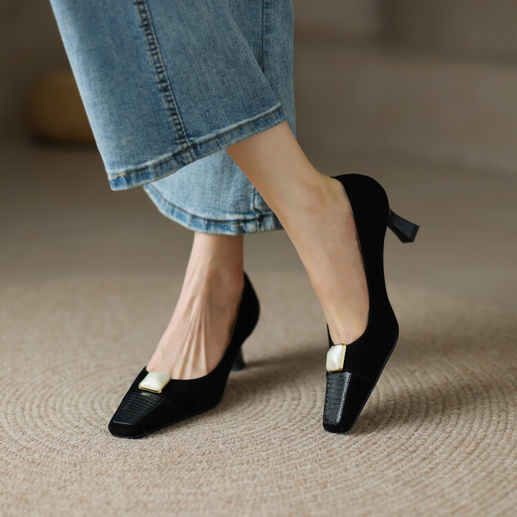 春季新款高跟鞋女浅口小方头纯色ol头层牛皮不累脚套脚通勤单鞋子-阿