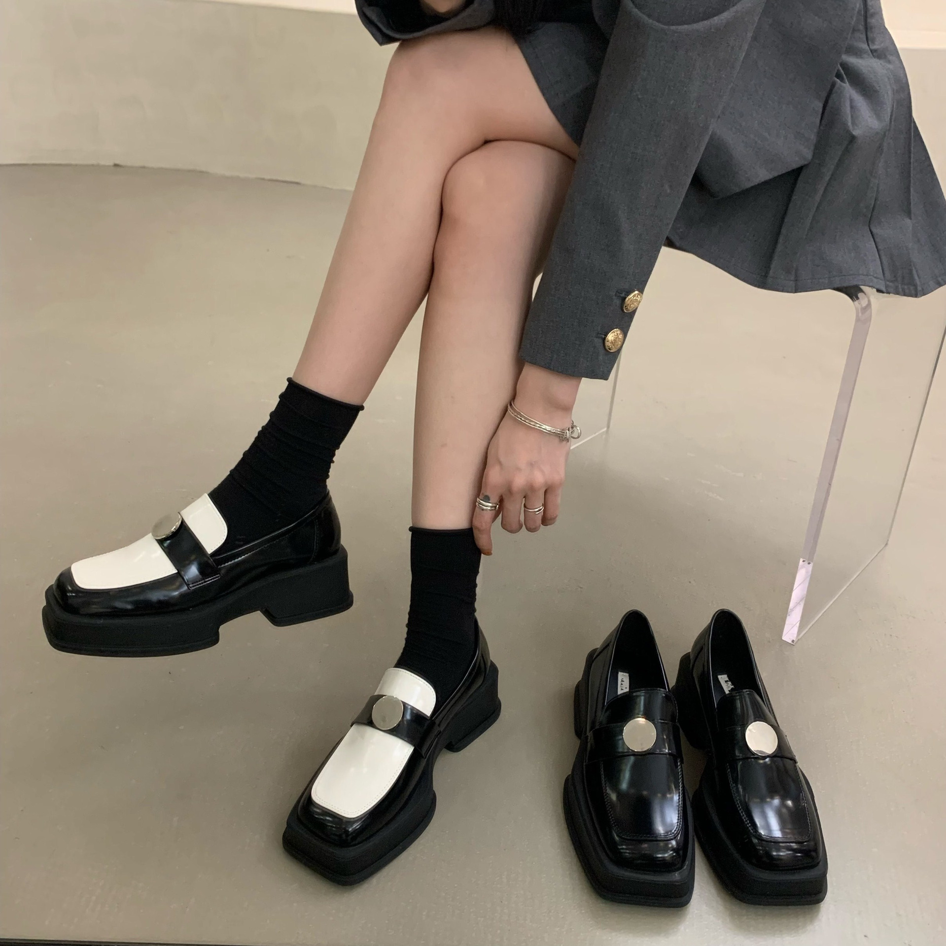 厚底黑色方头英伦风小皮鞋女鞋子2023年春季复古乐福鞋设计感单鞋