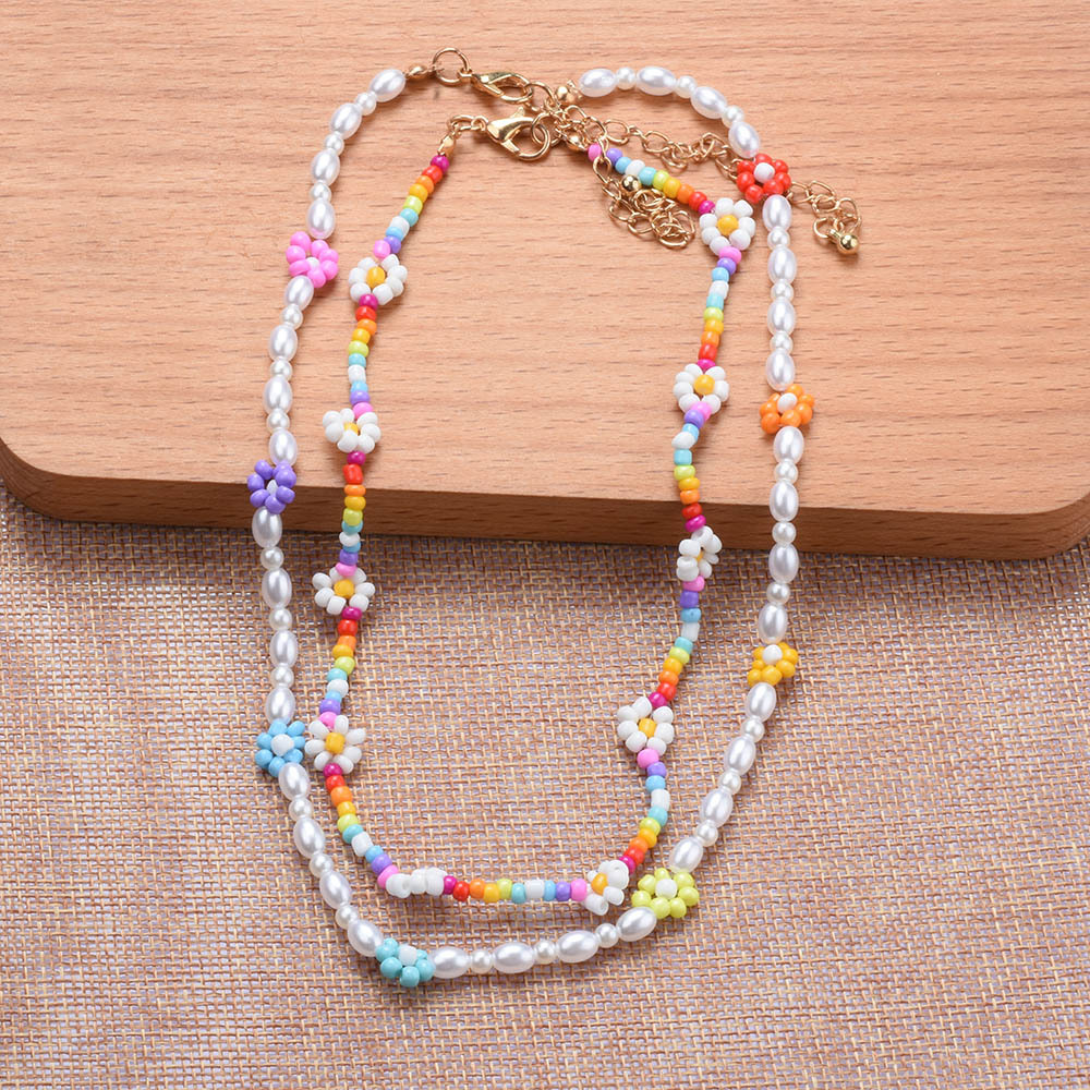 波西米亚风双层珍珠手工串珠项链 ins潮彩色小雏菊简约风锁骨链