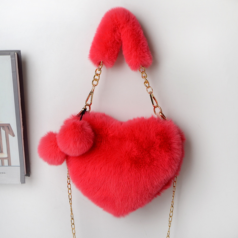 Hot Sale Heart Shape Bag Plush Ball Bag Factory Direct Sales Female ChainBags Handbag 