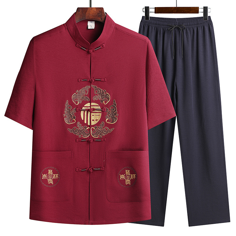 2024新款唐装男中老年短袖套装男装爸爸装爷爷装中国风汉服衣服