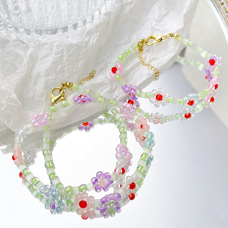 ins手工编织水晶玻璃米珠小花手链项链日常小众百搭饰品-阿里巴巴