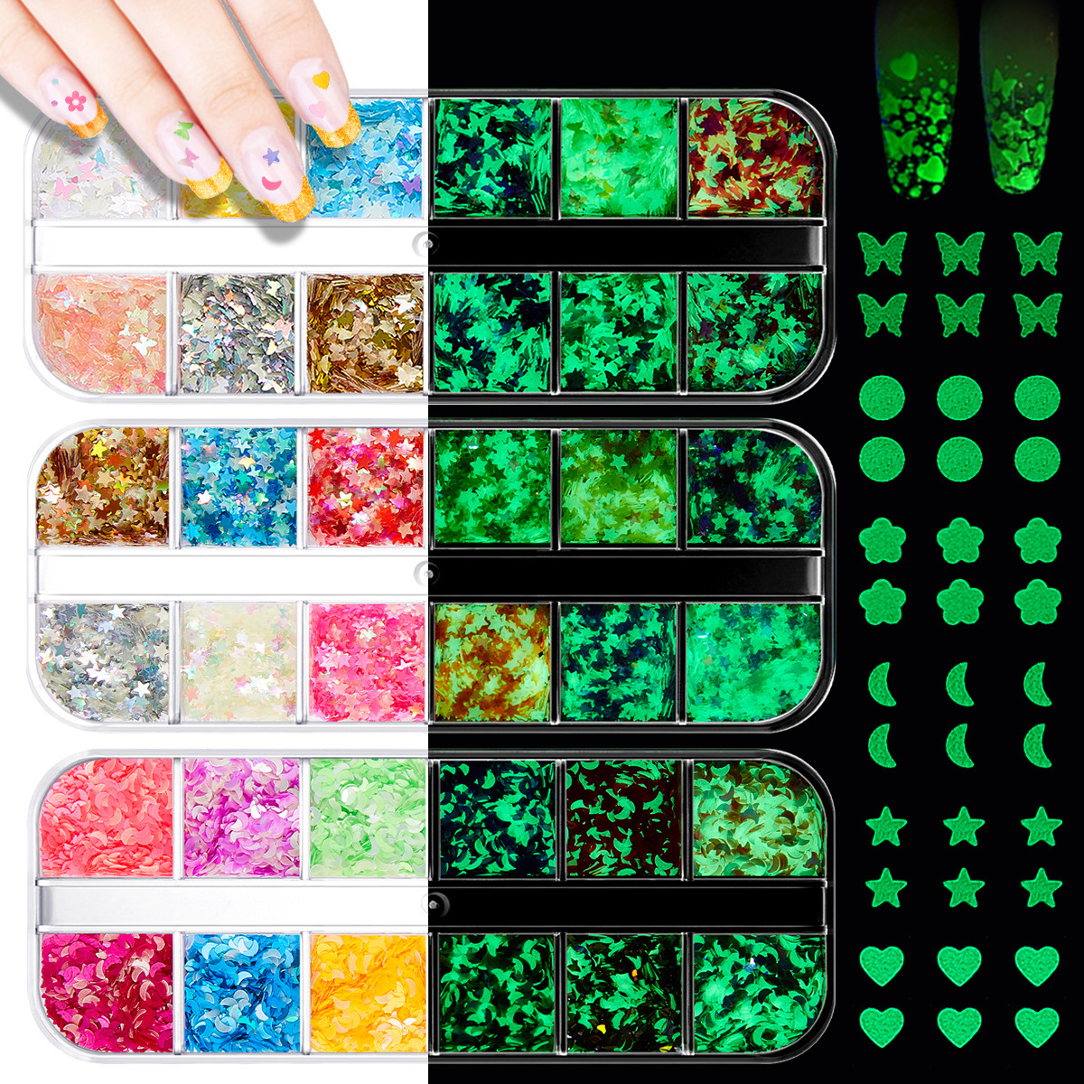 跨境夜光粉美甲亮片闪粉 蝴蝶五角星爱心夜光甲油胶美甲贴饰品钻