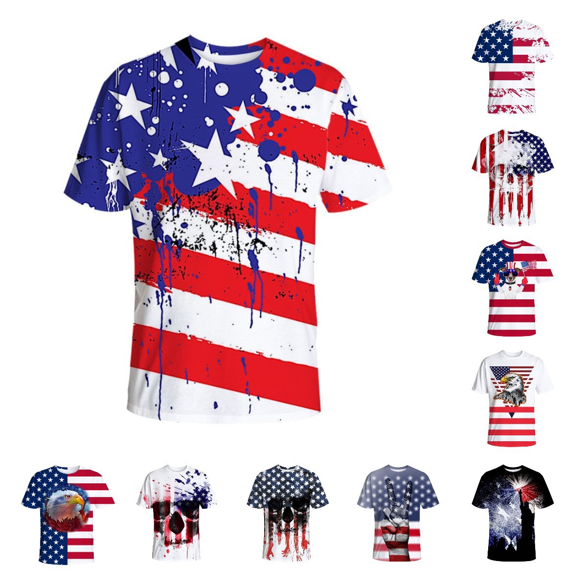 2022夏季新款上衣 美国独立日 国旗 骷髅3d印花短袖圆领宽松t恤