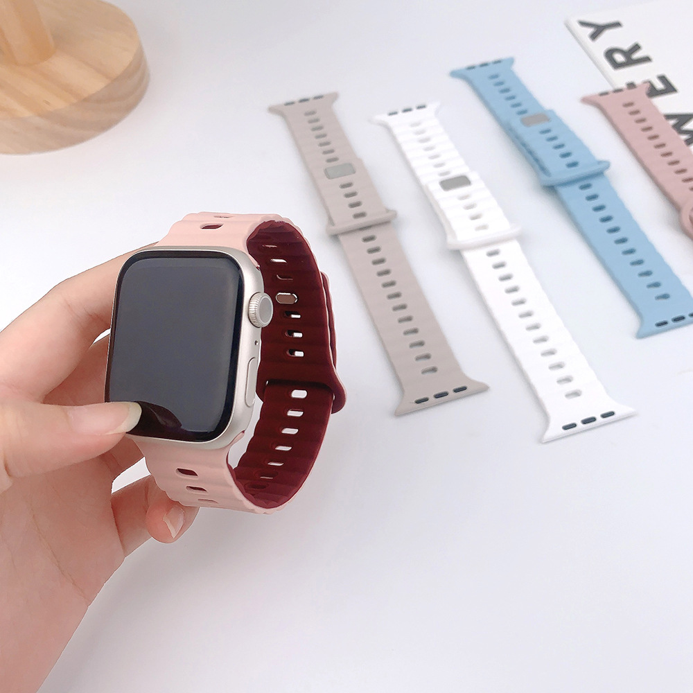 适用苹果手表硅胶表带apple watch1-8闪电扣双色轻薄透气运动表带