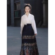 新中式国风马面裙改良复古汉服休闲日常纯色衬衫套装女百搭修身款