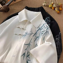 新中式轻国风道袍竹子刺绣衬衫男款夏古风唐装设计感盘扣短袖衬衣