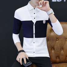 秋季男士长袖T恤新款衬衫领韩版修身假两件青年潮流时尚男装上衣
