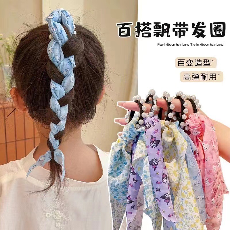 儿童珍珠发圈2024新款女童扎头发绳小女孩丸子头编发碎花飘带皮筋