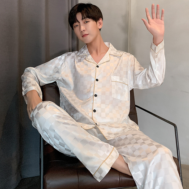 睡衣男春秋季长袖冰丝加肥加大码宽松高档男士薄款丝绸家居服套装