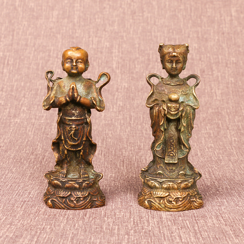 纯铜金童玉女佛像摆件家居转运招财童男童女观音摆件童仙收藏摆设