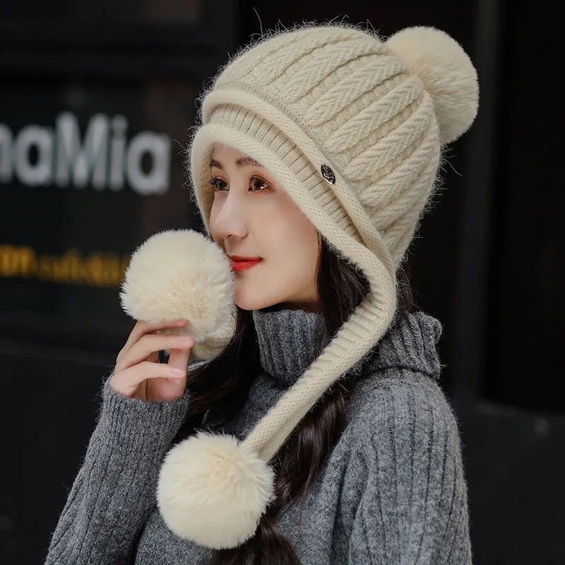 2023年冬季新款帽子女加绒毛线帽加厚保暖护耳兔毛混纺针织帽代发