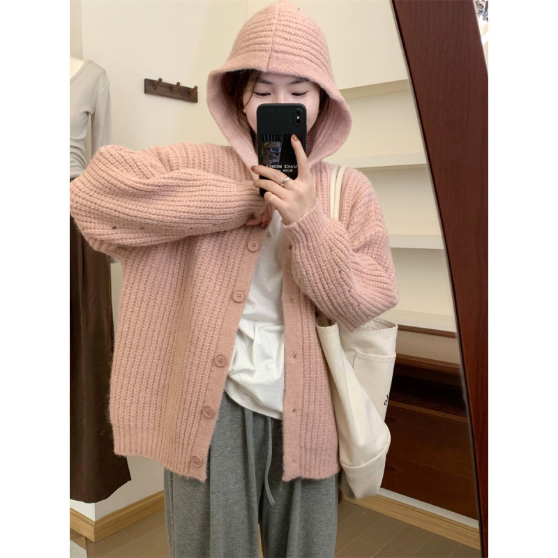 粗针连帽针织衫外套女2023秋季新款宽松保暖韩版蝙蝠袖毛衣-阿里巴巴