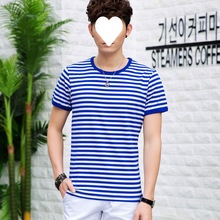 夏季海魂衫男短袖T恤圆领半袖蓝白条纹情侣装海军风体恤