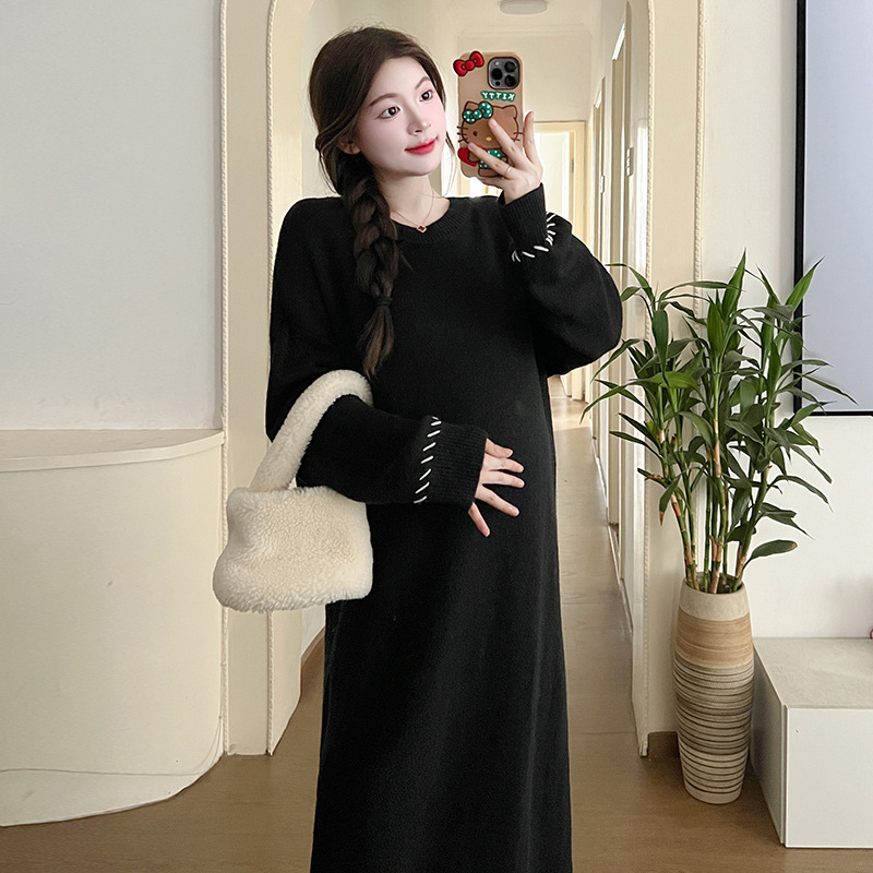 Internet Celebrity Pregnant Women Autumn and Winter Large Size Thickened Knitting Long Dress Gentle Soft Glutinous Loose Design Pullover Dress Sweater