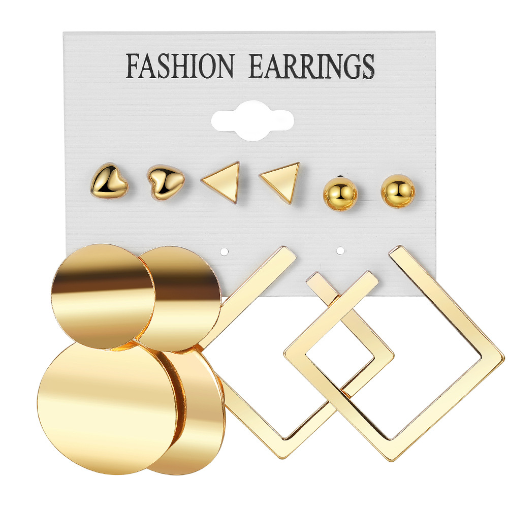 Europe and America Cross Border Alloy Ear Ring Square Geometric Earrings Suit 6-Piece Set Vintage Pearl Card Earrings Earrings