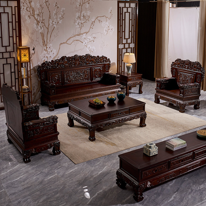 仿古实木沙发组合实木雕花客厅现代中式古典桦木花梨木色厂家直销