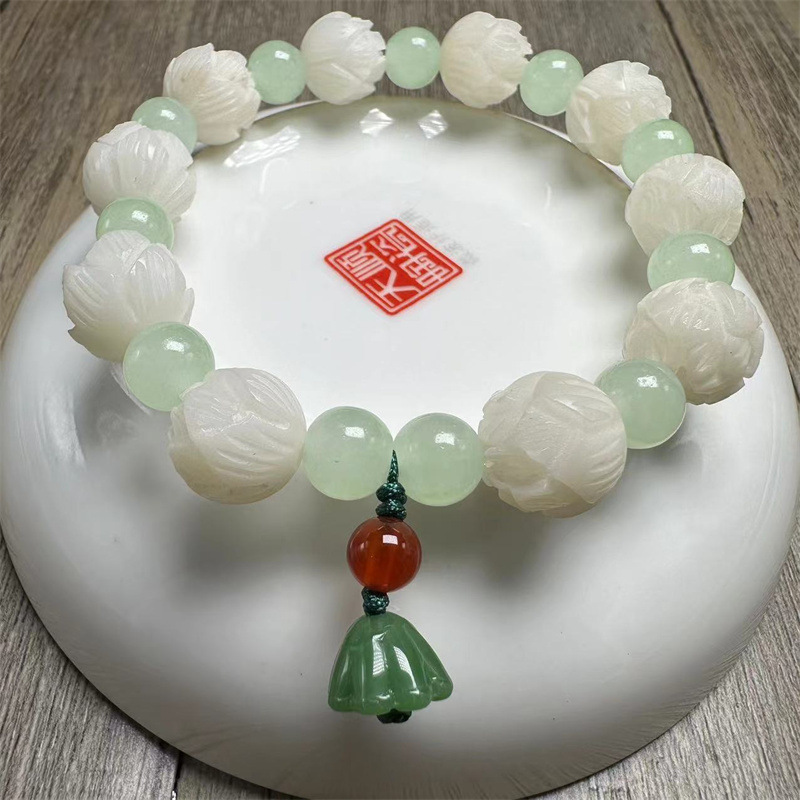 批发白玉菩提根雕刻12白尖莲花款单圈男女学生手串手链文玩佛珠