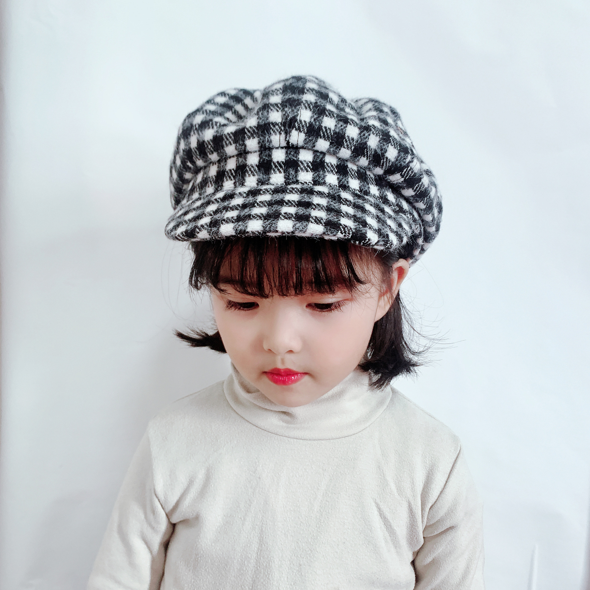 秋冬羊毛格子八角帽 韩式简约女孩街拍鸭舌帽 2-4岁儿童画家帽子