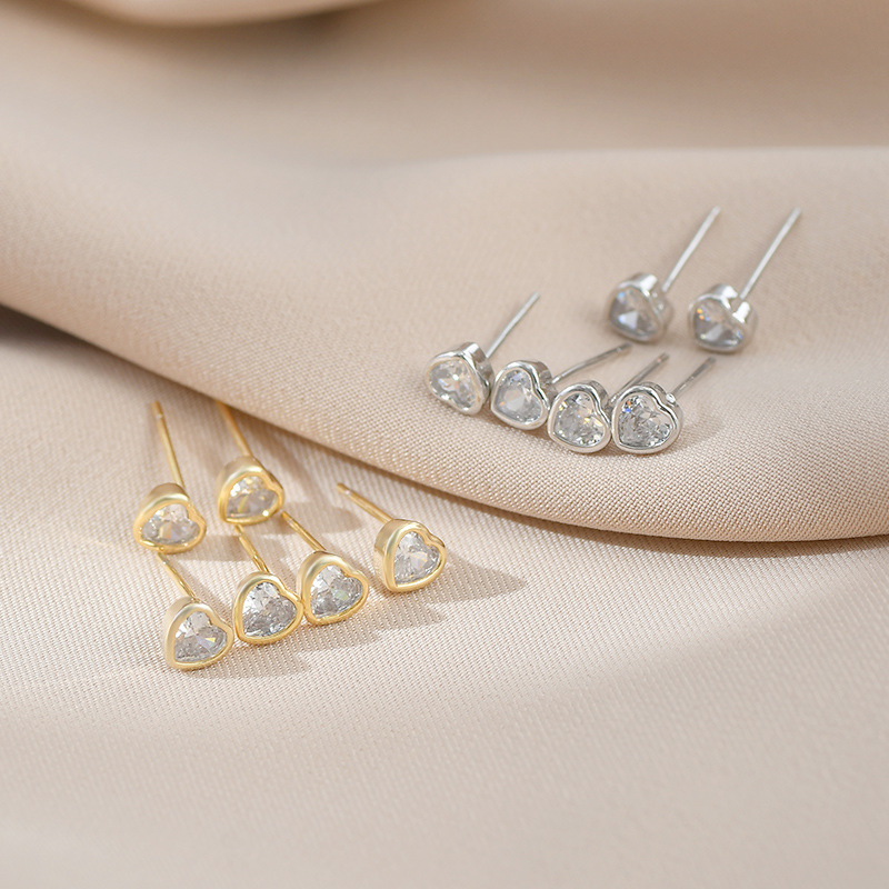 One Card Three Pairs Suit Love Heart Stud Earrings Female Sterling Silver Needle Fine Zircon-Embedded Earrings Fashionable All-Match Eardrops Ear Rings