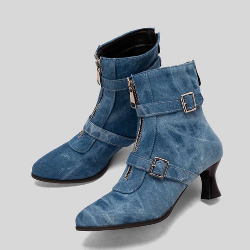 外贸跨境大码女靴皮带扣尖头中跟短靴秋冬靴子-阿里巴巴