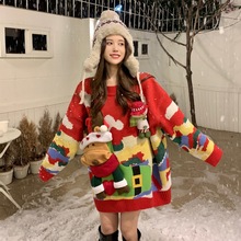 圣诞毛衣女设计感麋鹿雪人立体玩偶挂件中长款加厚红色针织衫潮