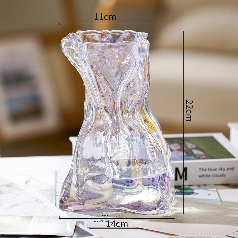 Creative Lucky Bag Glass Vase Small Mouth Plug Dried Flower Vase Pleated Colorful Waist Desktop Decoration Discount Wholesale