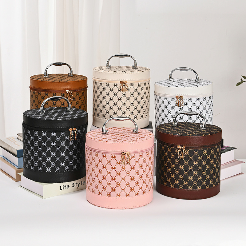 cosmetic bag large capacity high sense round barrel cosmetic case three-piece set good-looking waterproof multifunctional storage with mirror